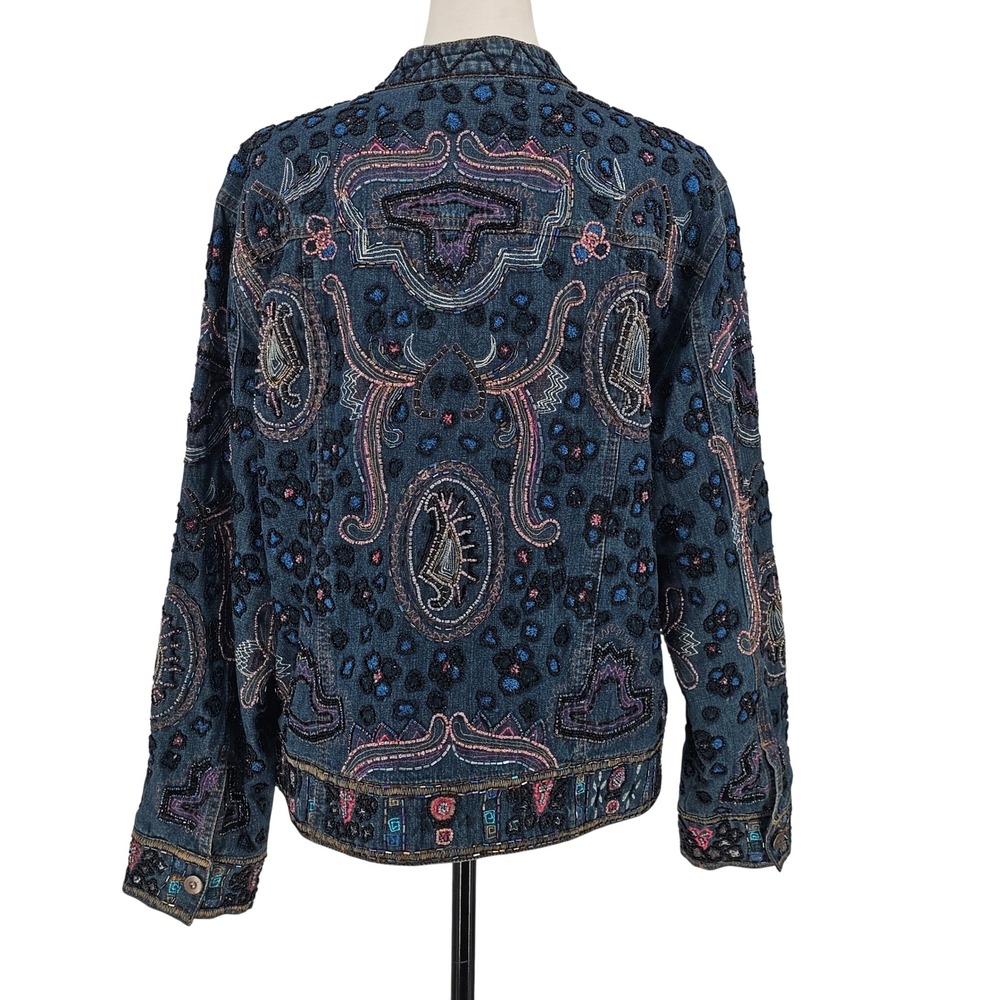 Chicos Heavily Beaded Denim Jacket L Blue Art to Wear Bohemian Paisley Artsy - Picture 3 of 12